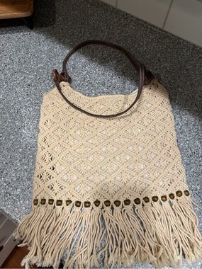 Woven Fringe Shoulder Bag in Cream with Brown Handles